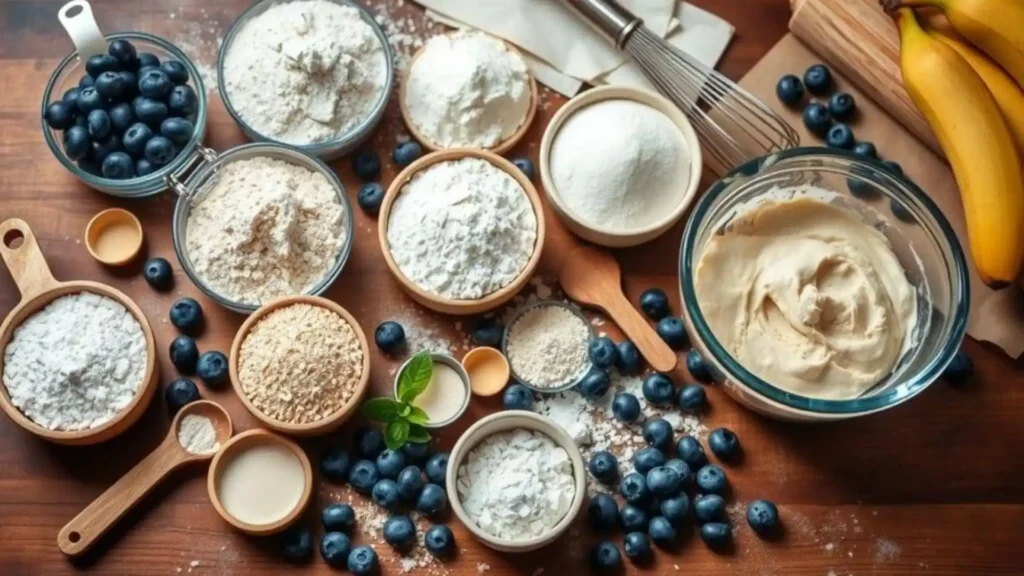 Assortment of baking ingredients including flours, sugars, eggs, blueberries, and a bowl of creamy frosting.