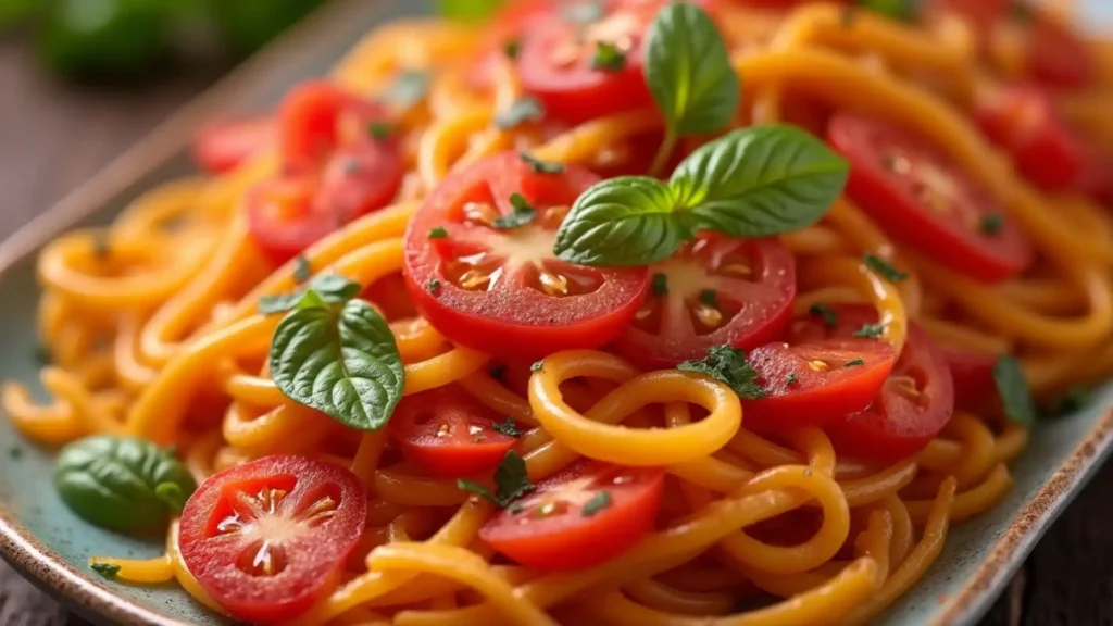 Colorful plate of pasta with fresh tomatoes, basil leaves, and vibrant red and yellow peppers.