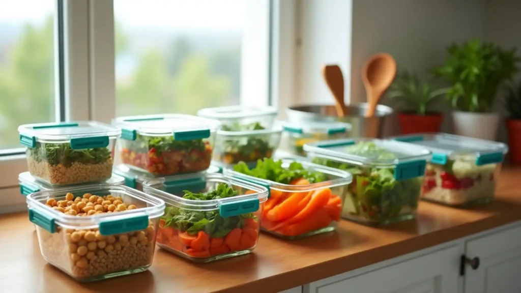 Glass food storage containers with green lids lined up on wooden counter near window, filled with meal prep ingredients including chickpeas, sliced carrots, fresh greens, and various healthy ingredients