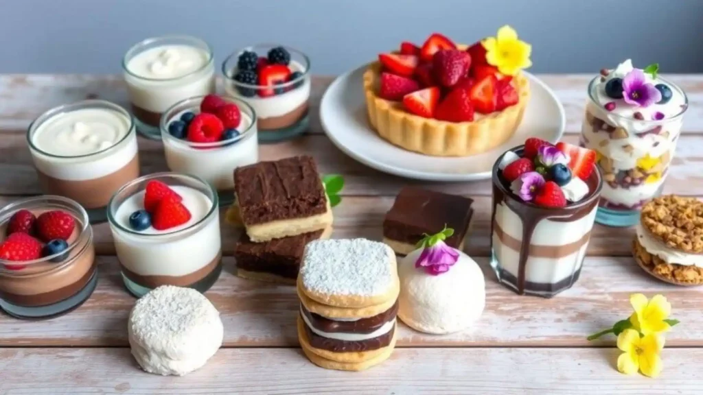 Assortment of homemade desserts and treats, including cakes, parfaits, and cookies, displayed on a wooden table.