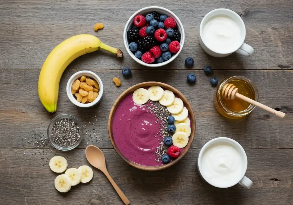 A vibrant smoothie bowl topped with banana slices, blueberries, raspberries, and chia seeds, surrounded by ingredients like honey, yogurt, and nuts on a rustic wooden surface.