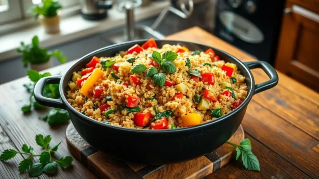 A black skillet filled with colorful vegetable rice pilaf, garnished with fresh basil leaves and parsley, sitting on a wooden cutting board