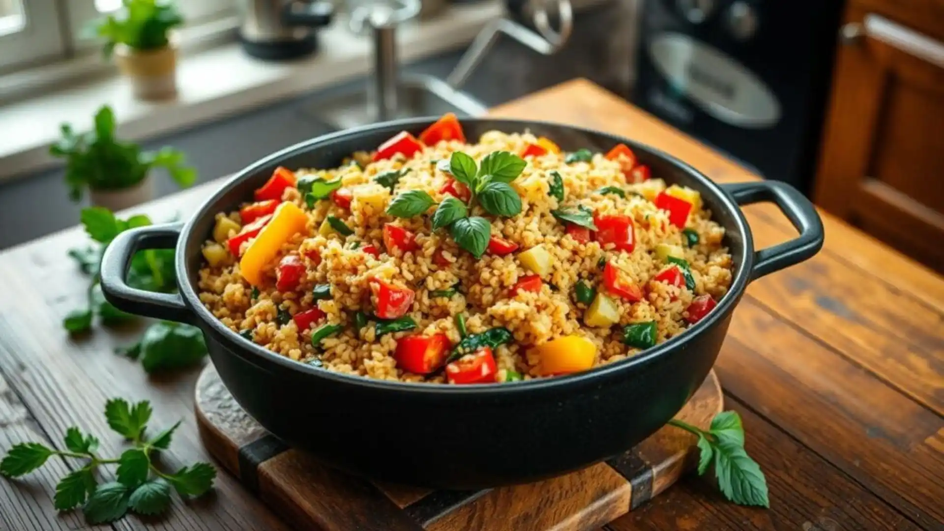 A black skillet filled with colorful vegetable rice pilaf, garnished with fresh basil leaves and parsley, sitting on a wooden cutting board