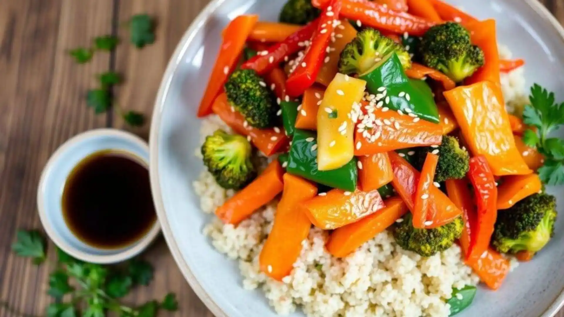 Stir-fried vegetables with broccoli, carrots, peppers and sesame seeds served over quinoa or couscous.