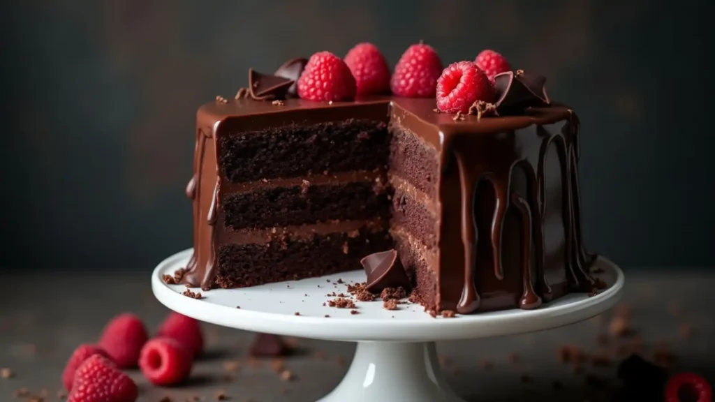 Decadent chocolate cake with raspberries.