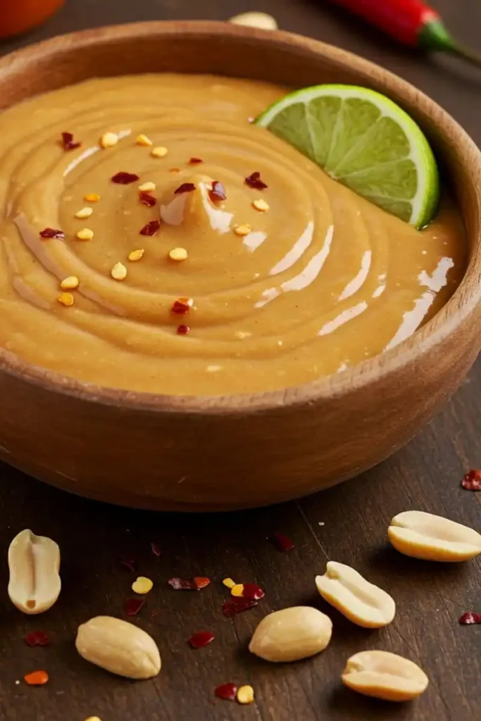 Spicy peanut sauce in bowl with lime and chili