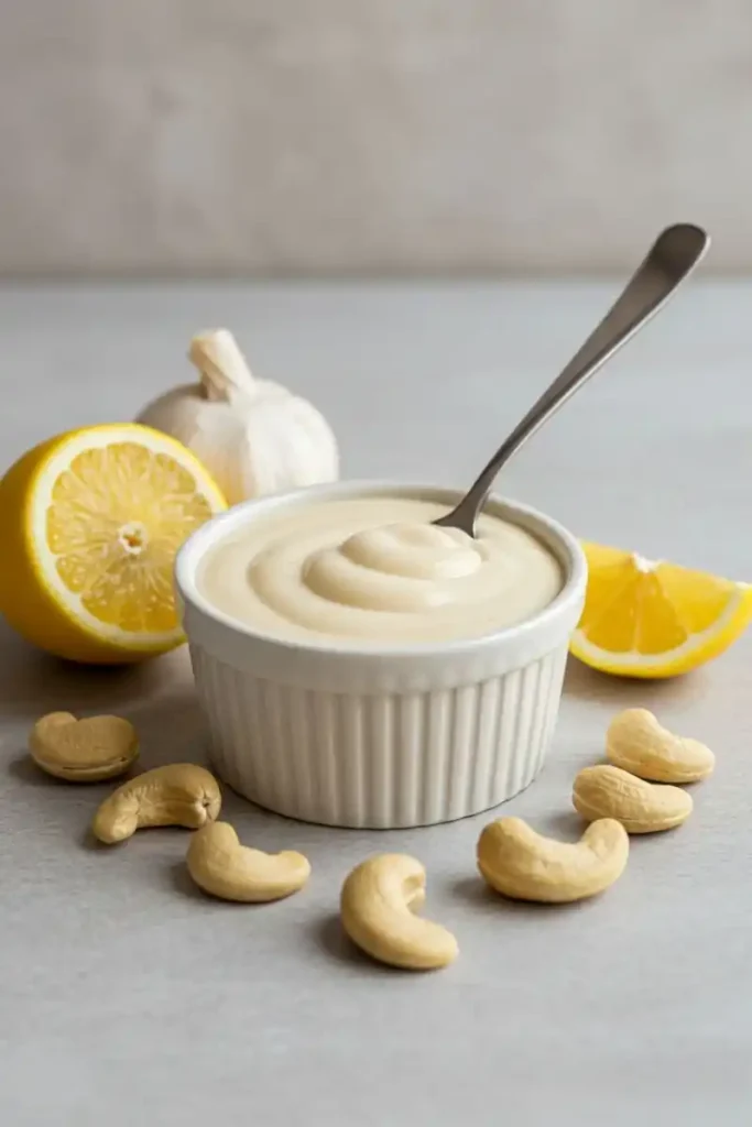 Cashew cream sauce in a bowl with cashews and lemon