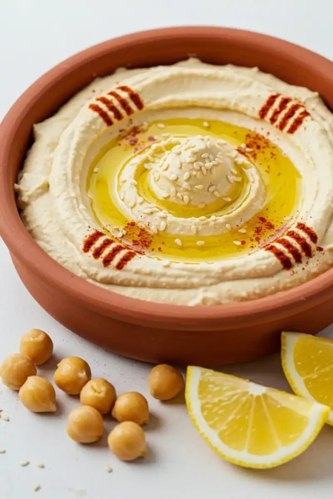Classic hummus with olive oil swirl and paprika
