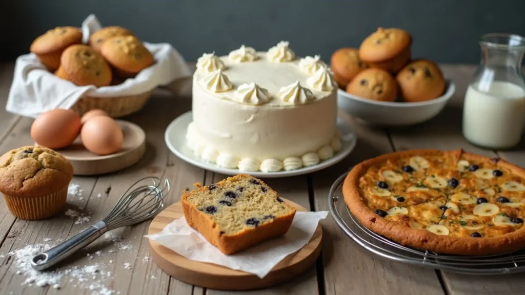 This image shows an assortment of baked goods and desserts. In the center is a white frosted cake with swirls of whipped cream on top. Surrounding the cake are various other items, including a plate of muffins, a bowl of eggs, a pizza or quiche, and a slice of what appears to be a banana bread or coffee cake. There is also a glass of milk visible. The overall scene conveys a cozy, homemade feel with a variety of freshly baked treats.