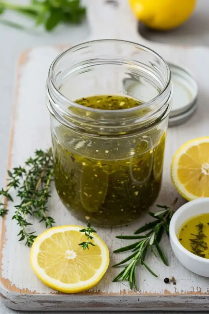 Greek vinaigrette dressing in a jar with herbs and lemon