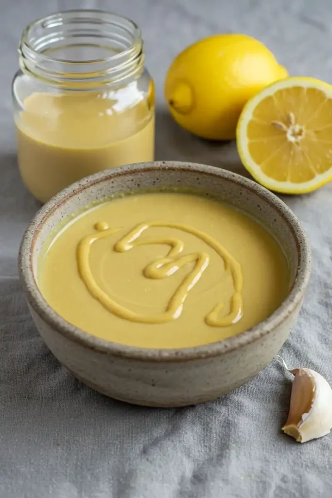Lemon tahini sauce drizzled in a bowl with lemon wedges
