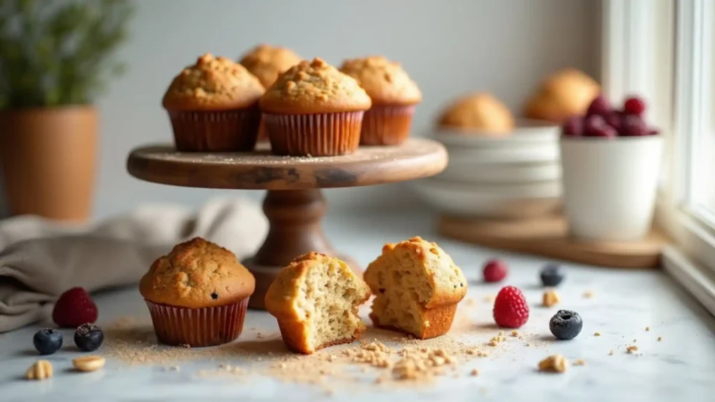Freshly baked muffins with fruit and nuts on a wooden stand.