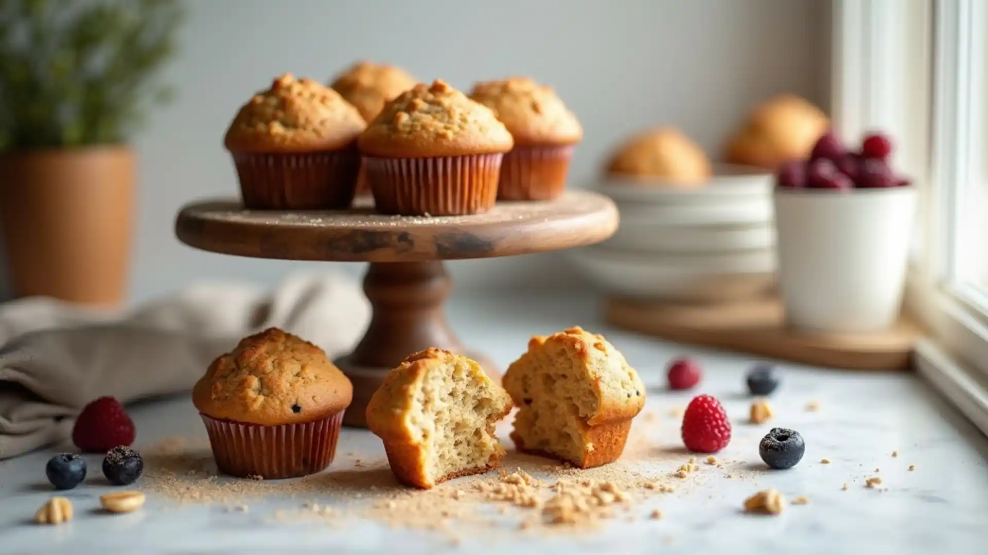 Freshly baked muffins with fruit and nuts on a wooden stand.