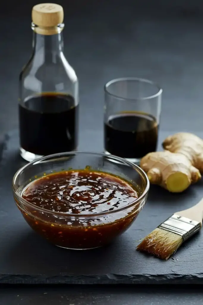 Teriyaki sauce in bowl with soy sauce and ginger
