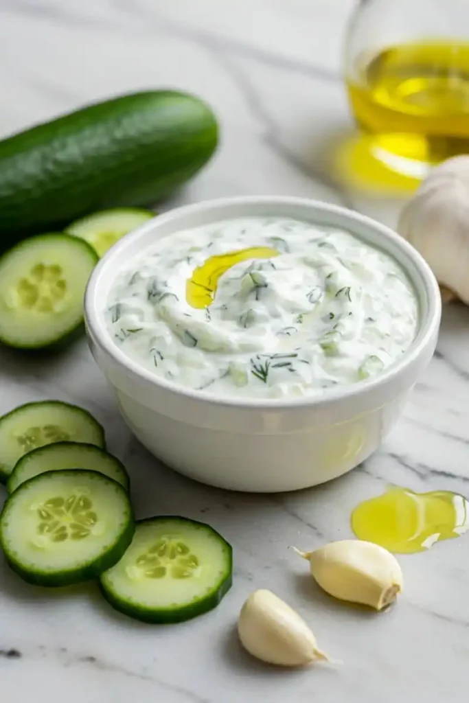 Greek tzatziki sauce in a bowl with cucumber and dill