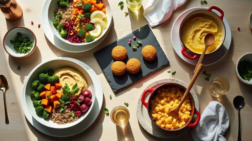 Overhead view of a vegetarian dinner spread featuring buddha bowls with quinoa, roasted vegetables and hummus, potato soup in a red pot, and four bread rolls on a slate board