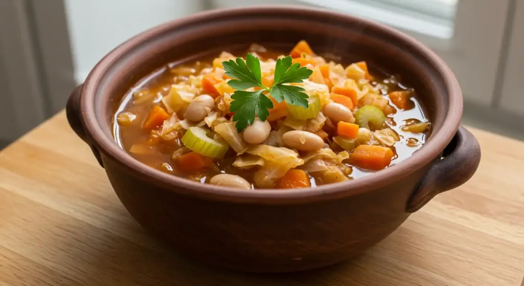 A rustic bowl of cabbage vegetable soup with white beans, carrots, celery, and cabbage in a rich broth, garnished with fresh parsley, placed on a wooden table near a window.