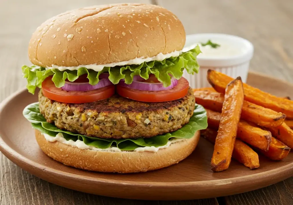 A delicious homemade veggie burger with a golden-brown patty, fresh lettuce, tomato, and red onion on a soft bun, served with crispy sweet potato fries and a side of dipping sauce.