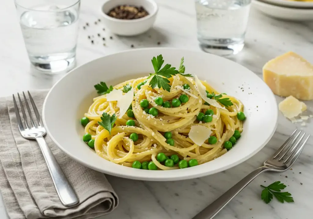 A bowl of vegetarian spaghetti carbonara topped with green peas, parsley, and shaved Parmesan, served on a marble table with a fork and glass of water.
