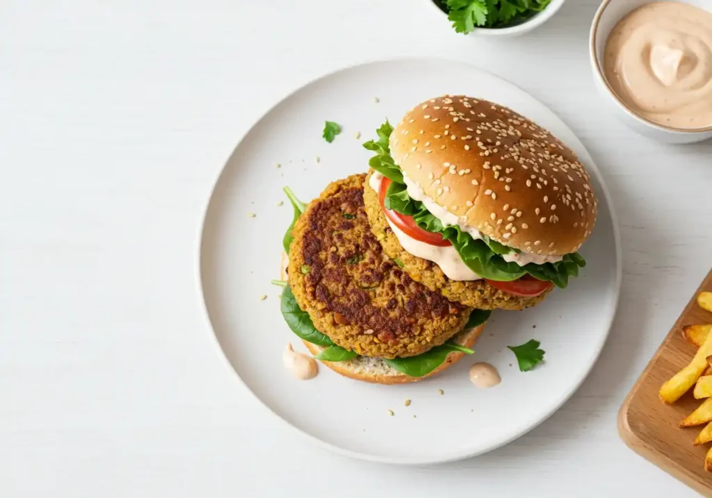A top-down view of a golden-brown veggie patty on a sesame seed bun layered with fresh spinach, tomatoes, and a creamy sauce, served on a white plate with a small bowl of sauce and cilantro in the background.