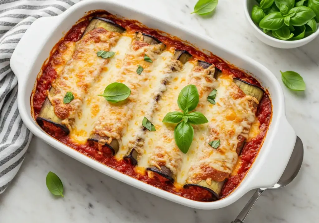 A white baking dish of Eggplant Rollatini topped with melted cheese and fresh basil leaves.