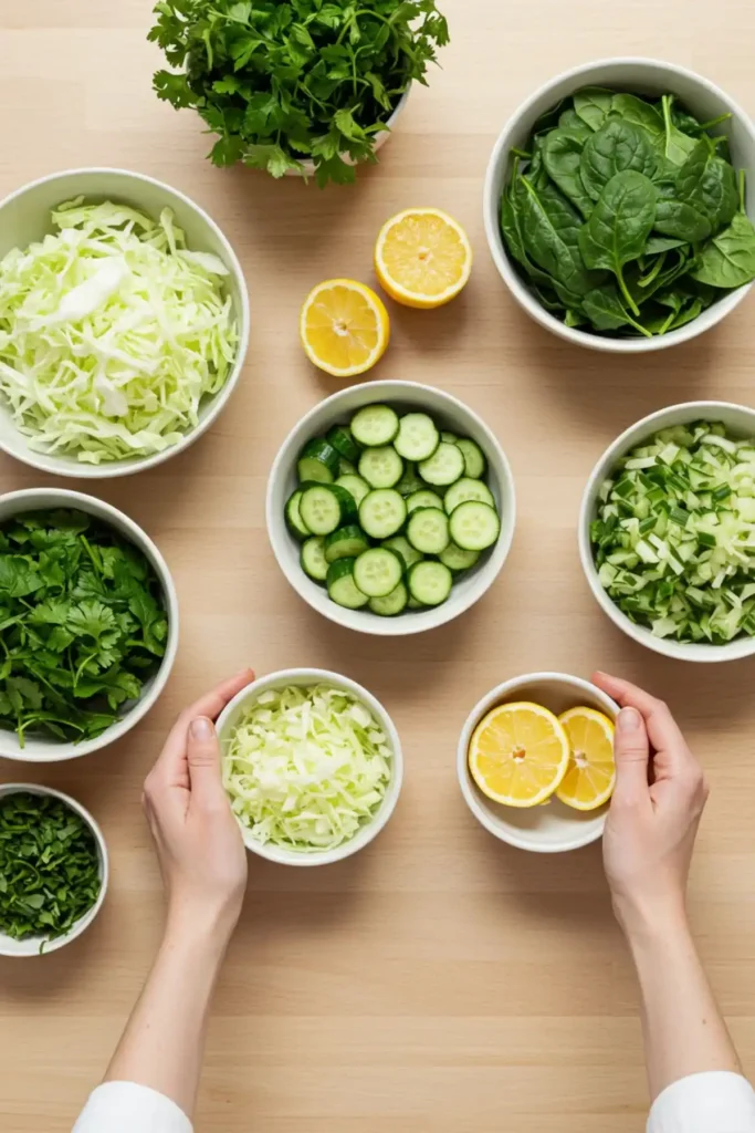 Ingredients for Green Goddess salad on kitchen counter