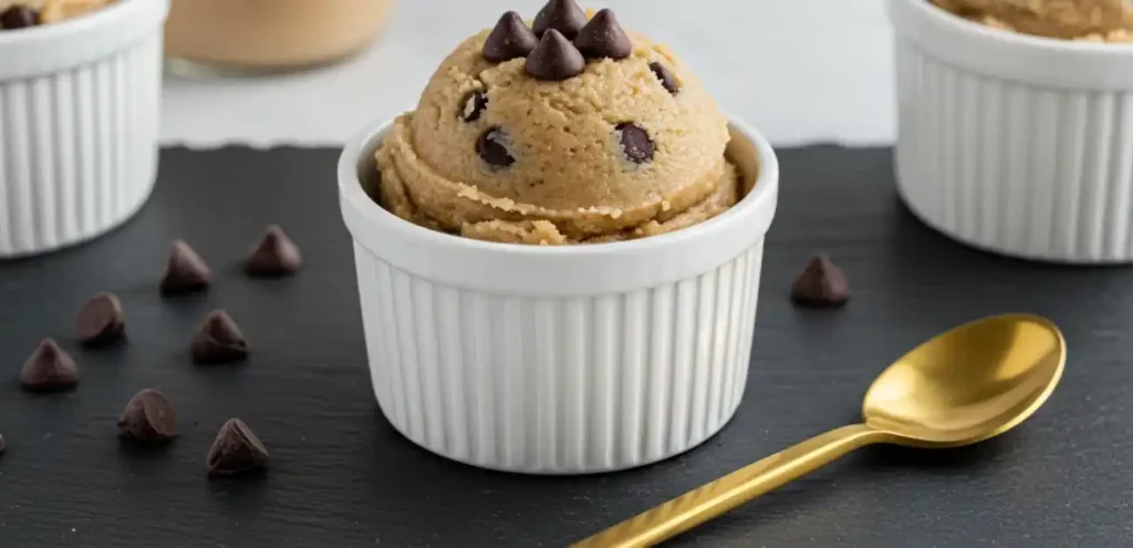 Top view of Greek yogurt almond flour cookie dough in bowl with chocolate chips