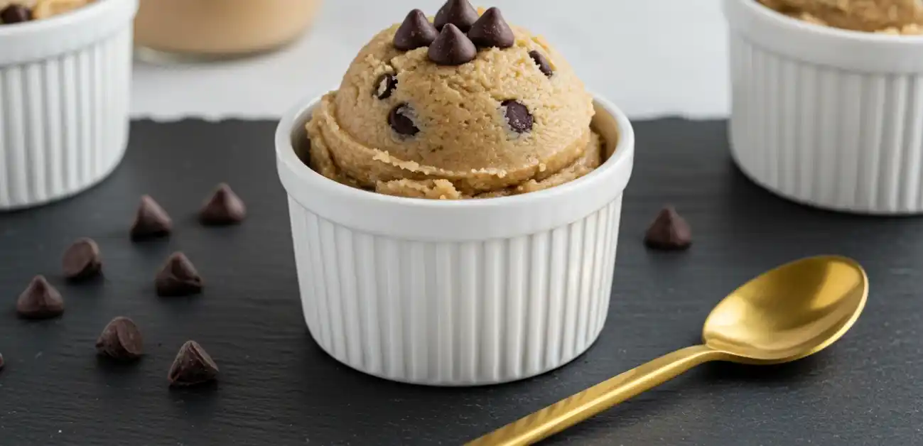 Top view of Greek yogurt almond flour cookie dough in bowl with chocolate chips