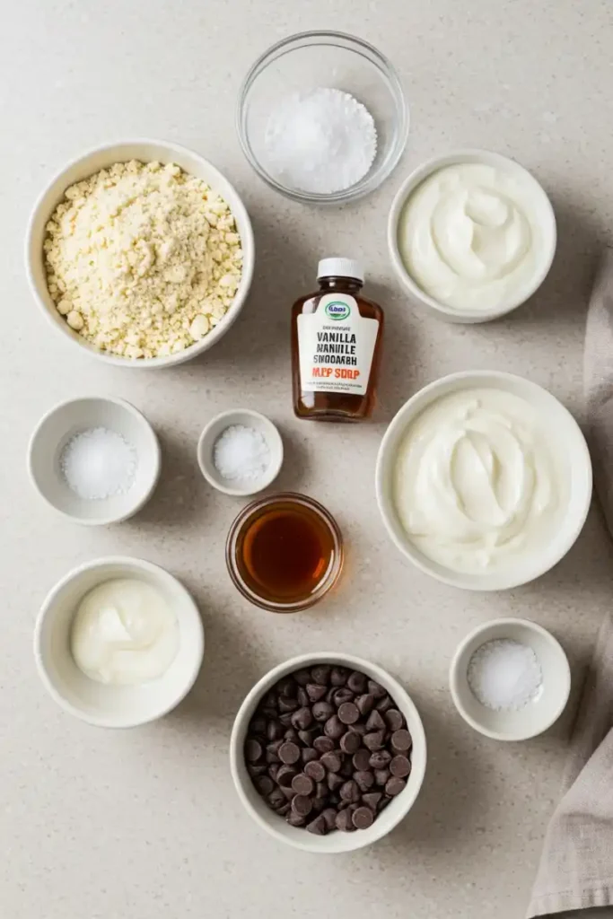 Ingredients laid out for Greek yogurt almond flour cookie dough recipe