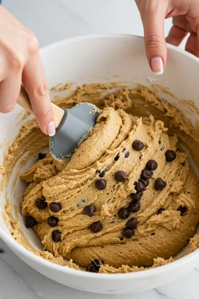 Mixing bowl with cookie dough and chocolate chips being stirred