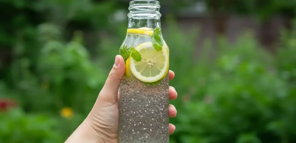chia water served cold in a glass bottle