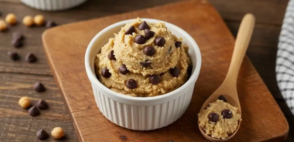 Bowl of chickpea cottage cheese cookie dough with chocolate chips on a wooden table