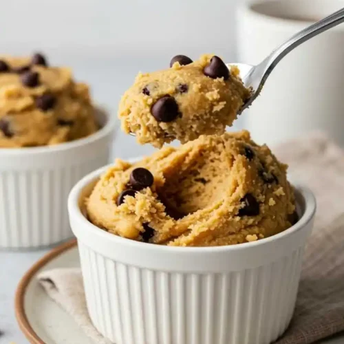 White ramekin of chickpea cottage cheese cookie dough with chocolate chips