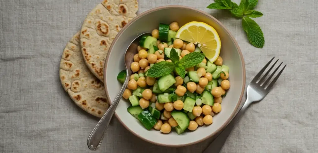 Chickpea and cucumber salad served in a bowl with flatbread