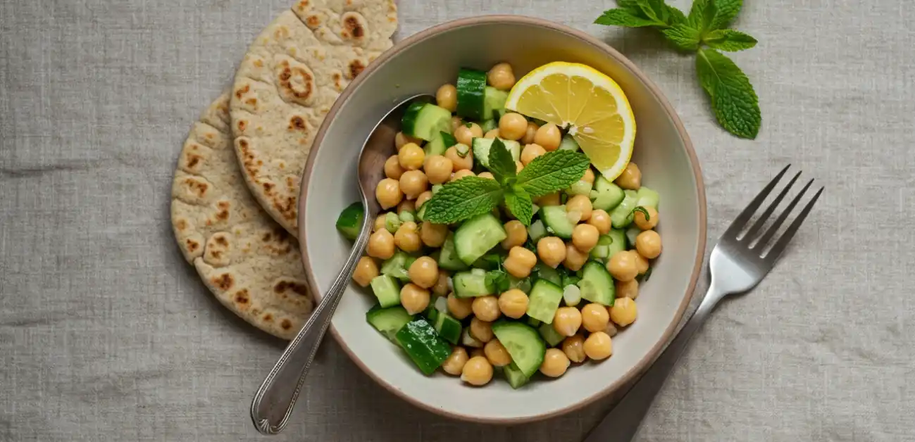 Chickpea and cucumber salad served in a bowl with flatbread