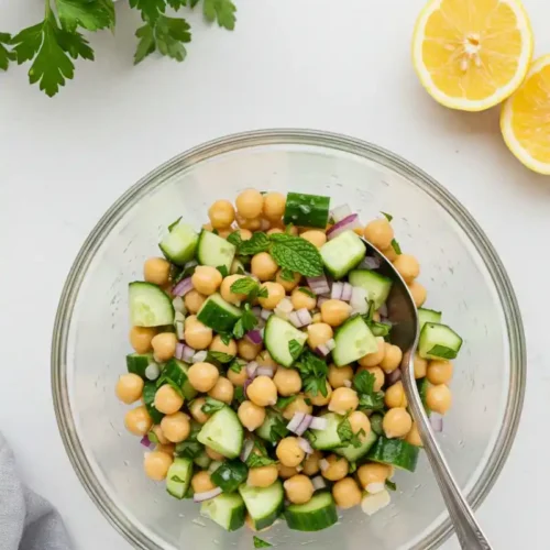 Chickpea and cucumber salad in a bowl