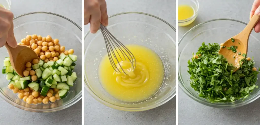 Making chickpea and cucumber salad step by step