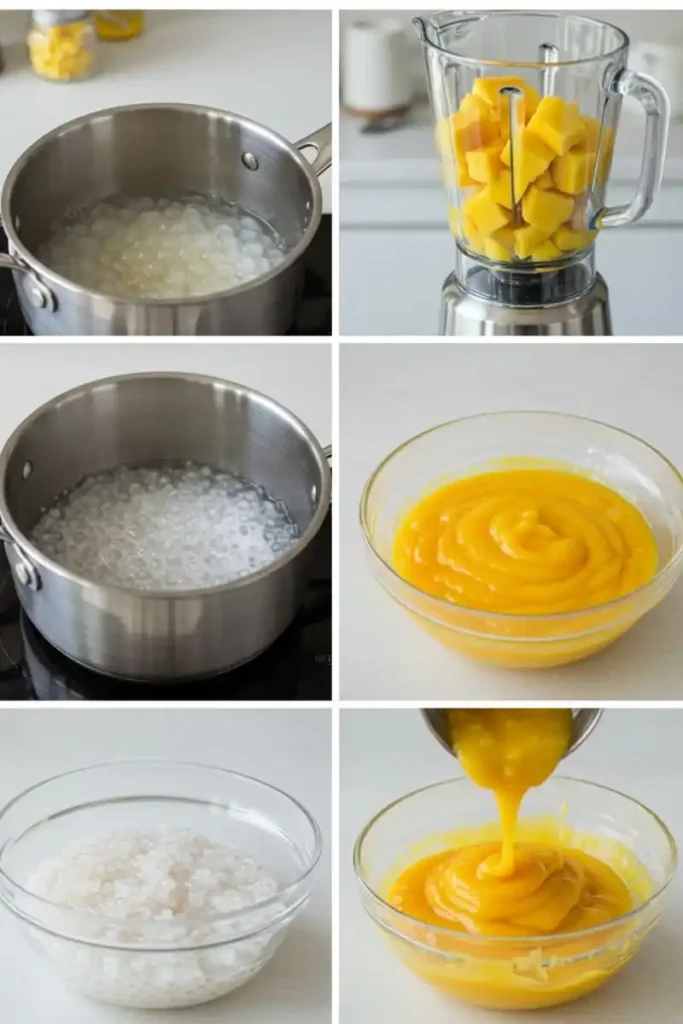 cooking sago and mixing mango puree