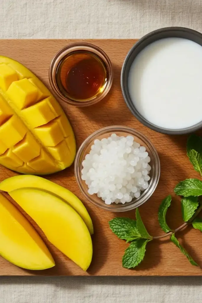mango sago ingredients on a cutting board