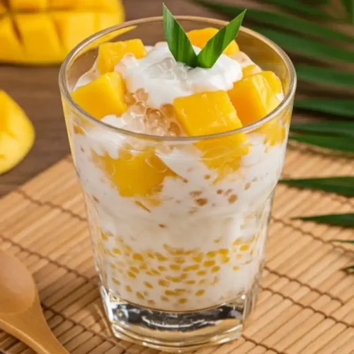 mango sago dessert served chilled in a bowl