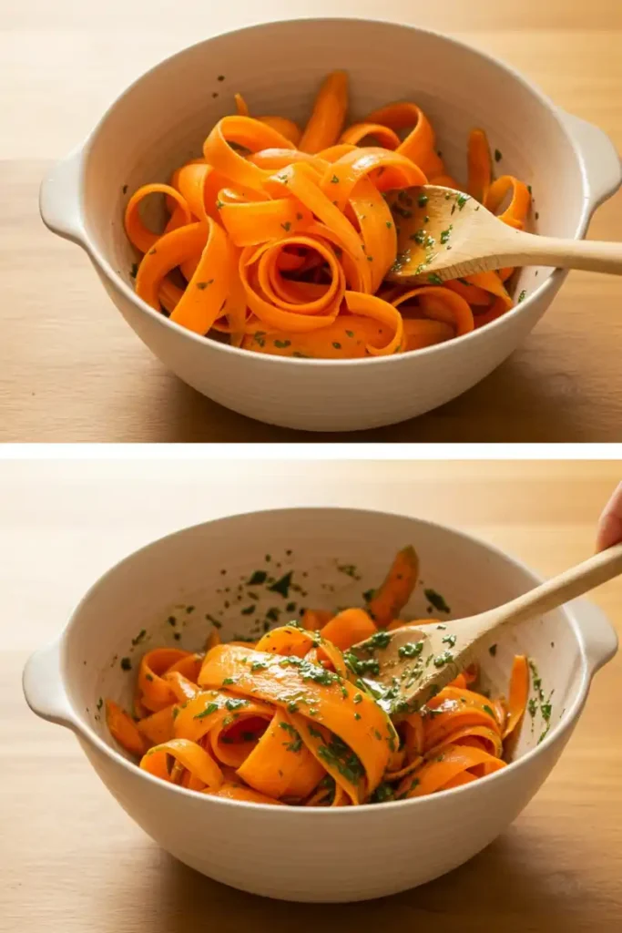 Tossing carrot ribbons with dressing