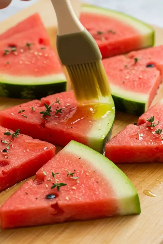 prepping watermelon steaks for grill