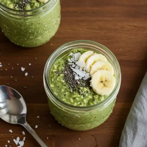 Matcha overnight oats in glass jar with toppings