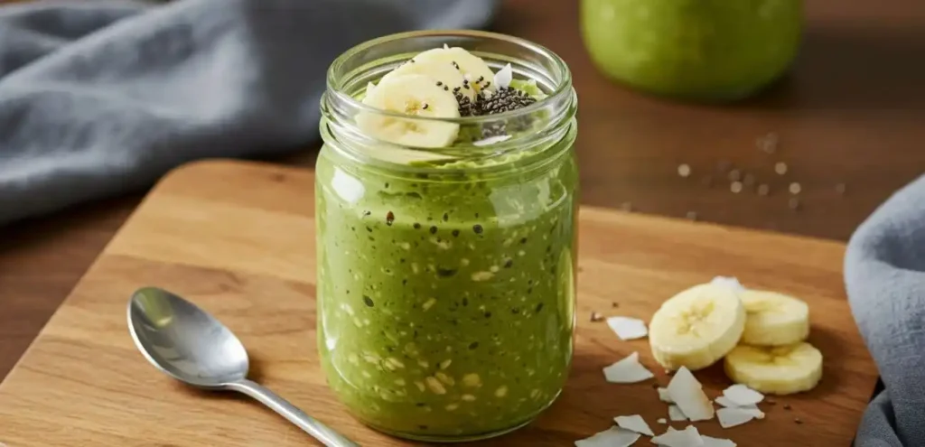 Matcha overnight oats in glass jar with toppings