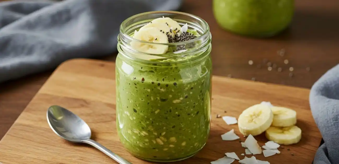Matcha overnight oats in glass jar with toppings