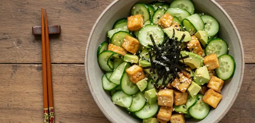 California Roll Cucumber Salad with avocado, cucumber, and nori