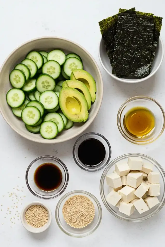 California Roll Cucumber Salad ingredients laid out in bowls