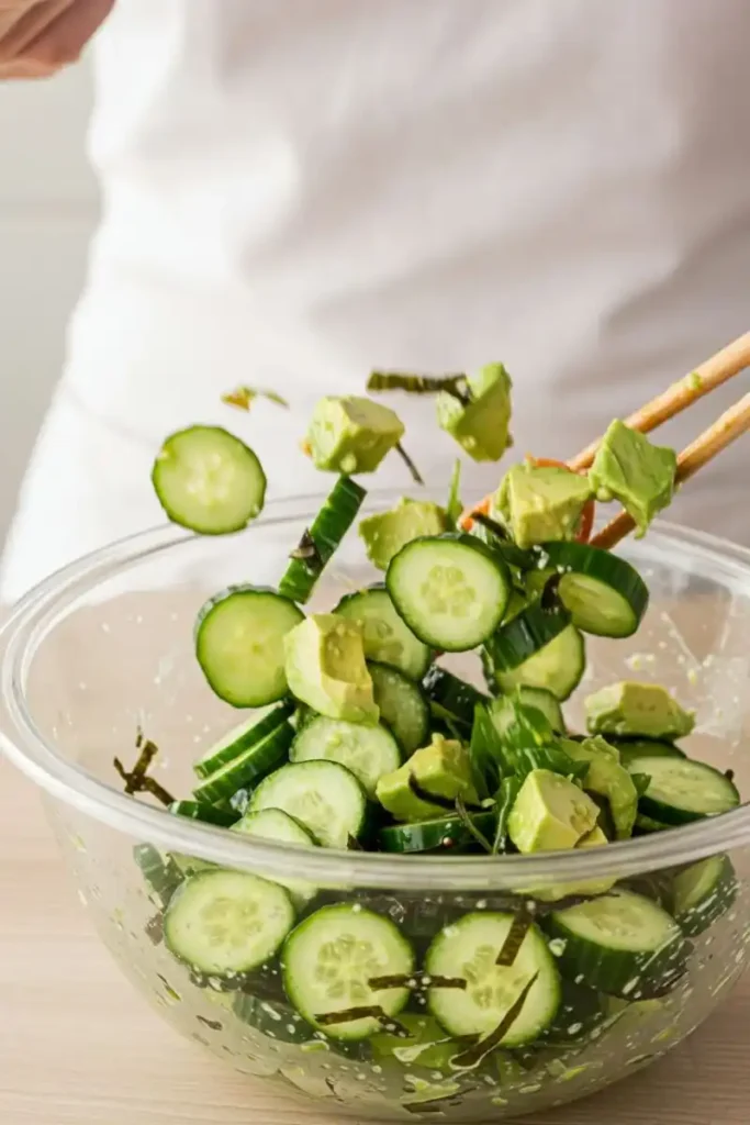 Tossing California Roll Cucumber Salad with dressing