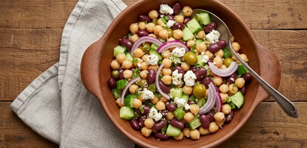 Vibrant Mediterranean dense bean salad recipe in rustic bowl