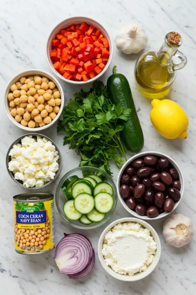 Ingredients for dense bean salad recipe laid out on table